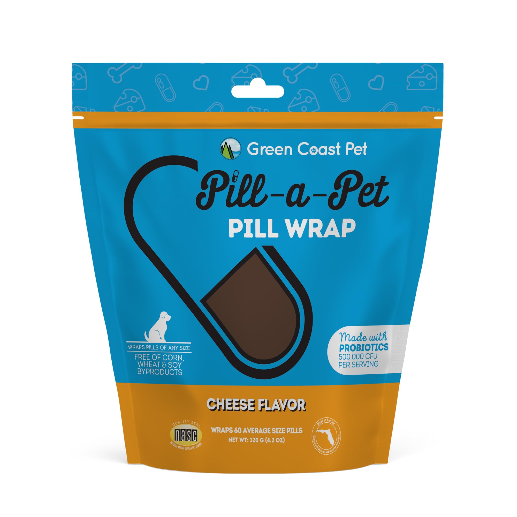 Green Coast Pet Pill-a-Pet Pill Wrap for Dogs Cheese Flavor | Made in USA | Probiotics | 60 Wraps