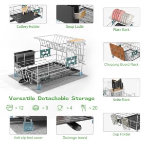 slhsy Dish Drying Rack - Large Capacity Stainless Steel Dish Rack for Kitchen Counter, 2-Tier Detachable Kitchen Organizers and Storage Rack with Drainboard and Cutlery Holder, Silver