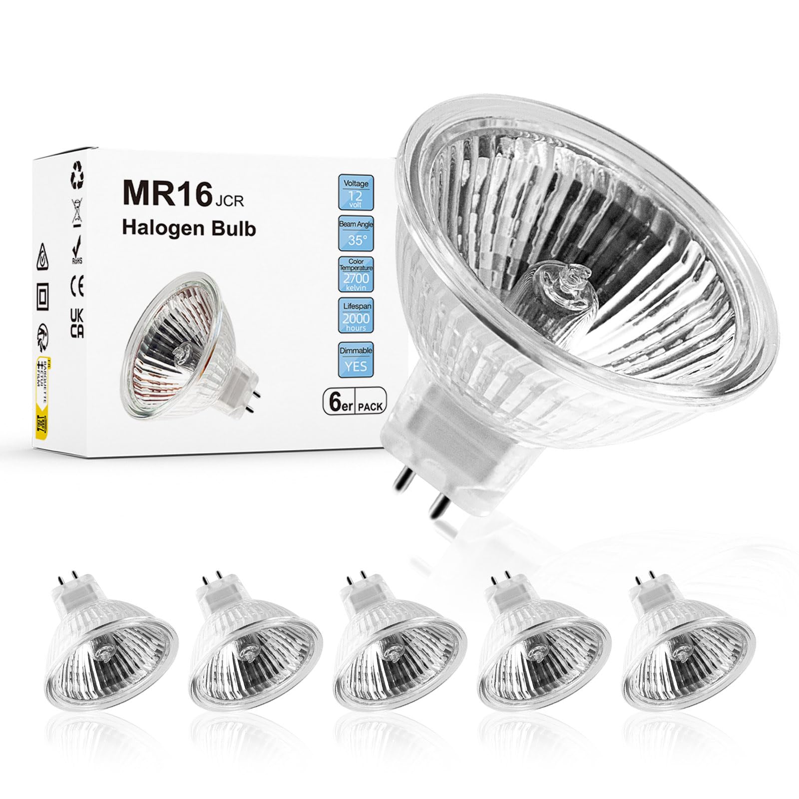 WeshLMPO MR16 Halogen Light Bulb 2 pin 50W 12V, 500LM High Output GU5.3 Base for Landscape Lights, Track Lights, Fiber Optics, Desk Lamps, 2700K Warm White Dimmable, 6 Pack