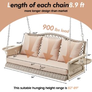 ZZW Upgraded Wicker Hanging Porch Swing Heavy Duty 900 LBS 3-Seat Outdoor Patio Swing Chair Bench for Adult w/ 8.9ft Hanging Chains Cushions and Cup Holder