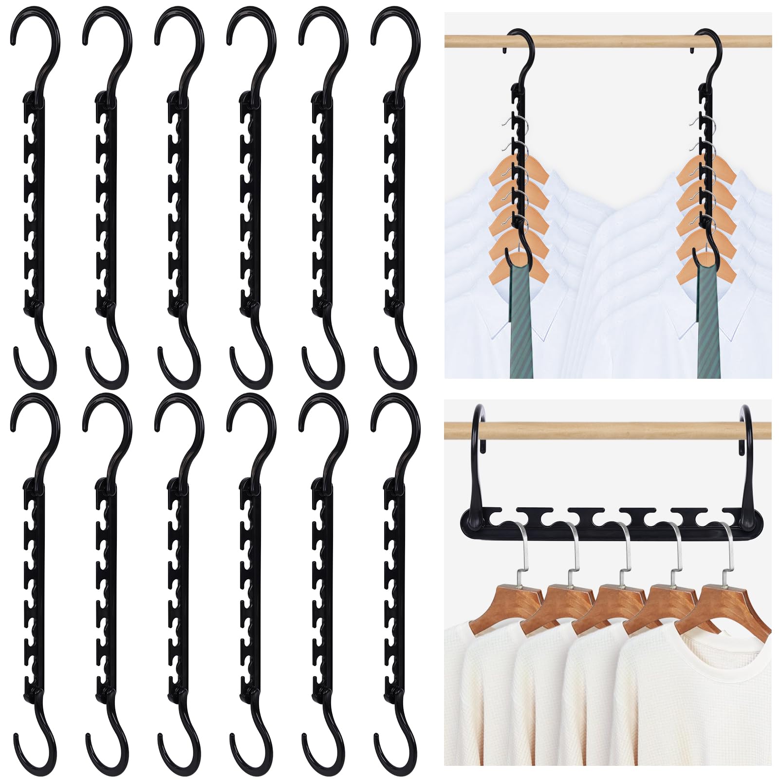 HAKDAY 12PCS Space Saving Hangers, Magic Cascading Hangers Closet Organizers and Storage 5 Slots Foldable Hangers for College Dorm Room Black