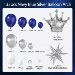 Navy Blue and Silver Balloon Garland Arch Kit with Blue and Silver Balloons for Prom Graduation Decorations Class of 2024 Wedding Anniversary Birthday Decorations for Men