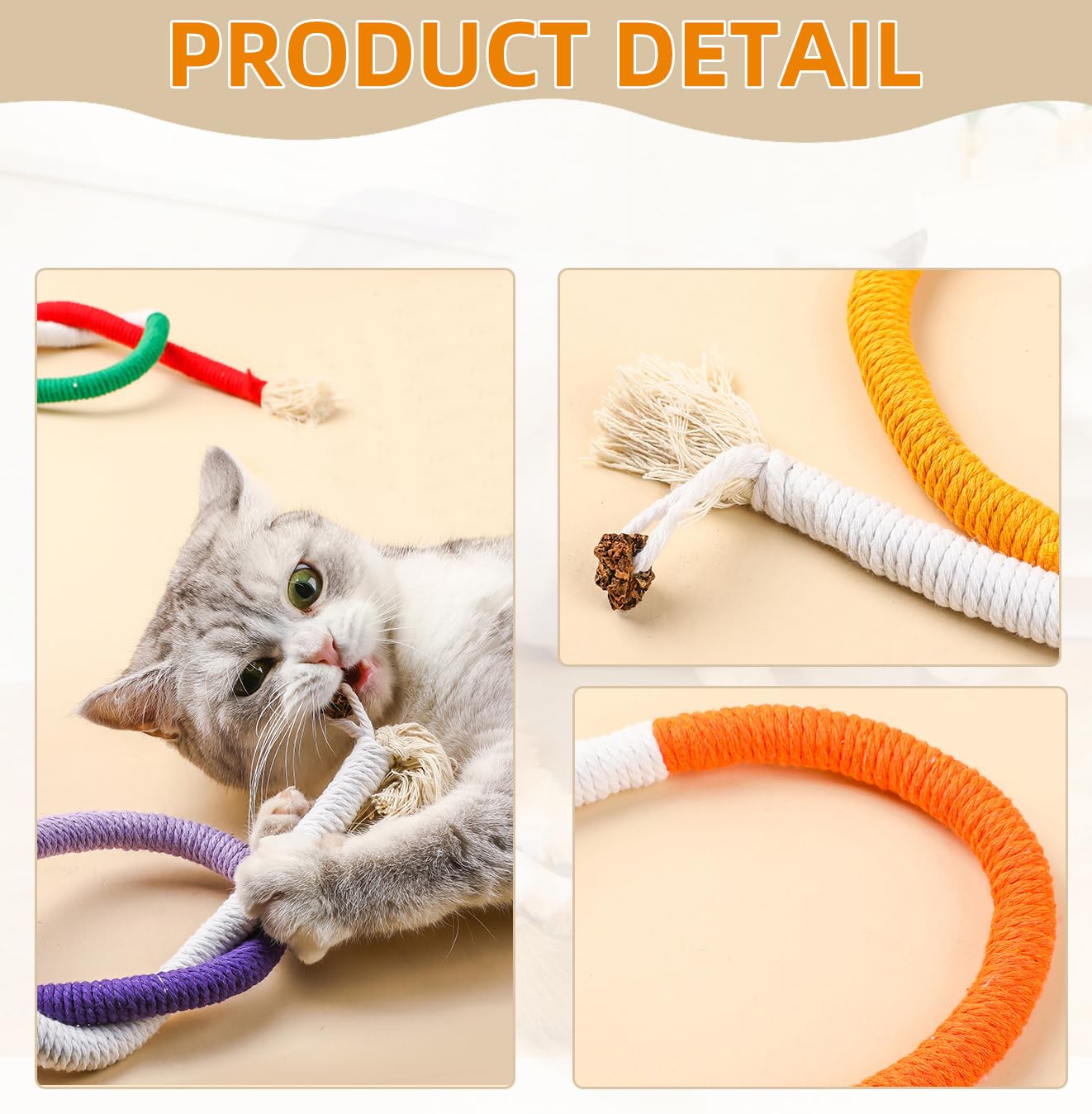 Petelligent 3-Pack Bent Cat Rope Toy, Pet Chew Toys, Interactive Tease Toys for Cats and Kittens, Bite-Proof Playthings, Cotton Rope Kitten Toys for Dental Care and Stress Relief, Pet Supplies