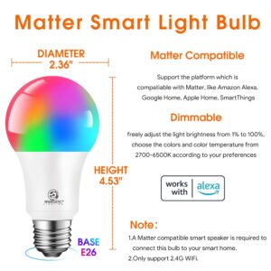 Energetic Light Bulbs Work with Alexa/Apple Home/Google Home/SmartThings, Matter Smart A19 LED Light Bulb, E26 RGB Smart Bulbs, 60W Equivalent, 800LM, 2.4 Ghz WiFi Only, Smart Speaker Required, 4 Pack