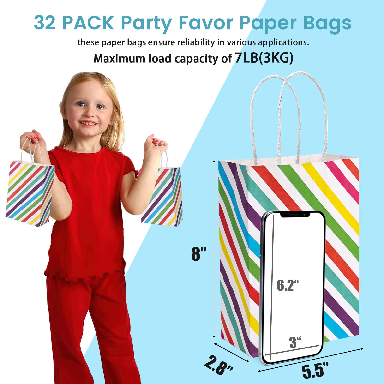 VGOODALL 32PCS Party Favor Bags, 5.5x2.8x8 inches Colorful Stripe Gift Bags with Handles Goodie Bags Treat Candy Bags Striped Paper Bags for Gift Giving Birthday, Colorful Stripe Bags