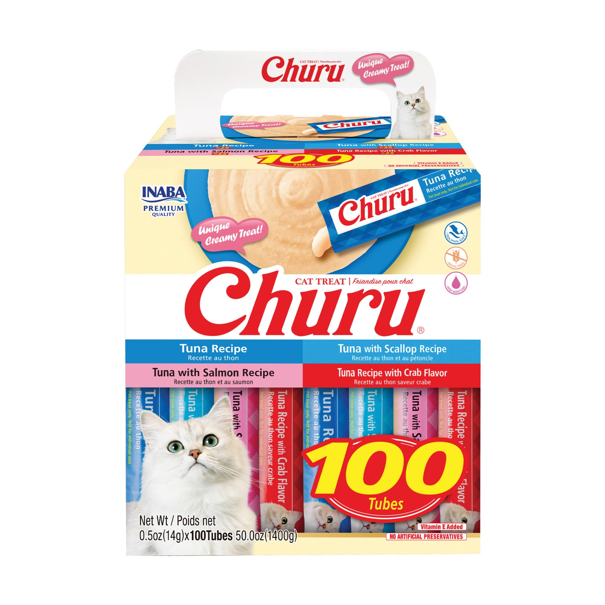 INABA Churu Cat Treats, Lickable, Squeezable Creamy Purée with Vitamin E, 0.5 Ounces per Tube, 100 Tubes Total, Tuna Variety