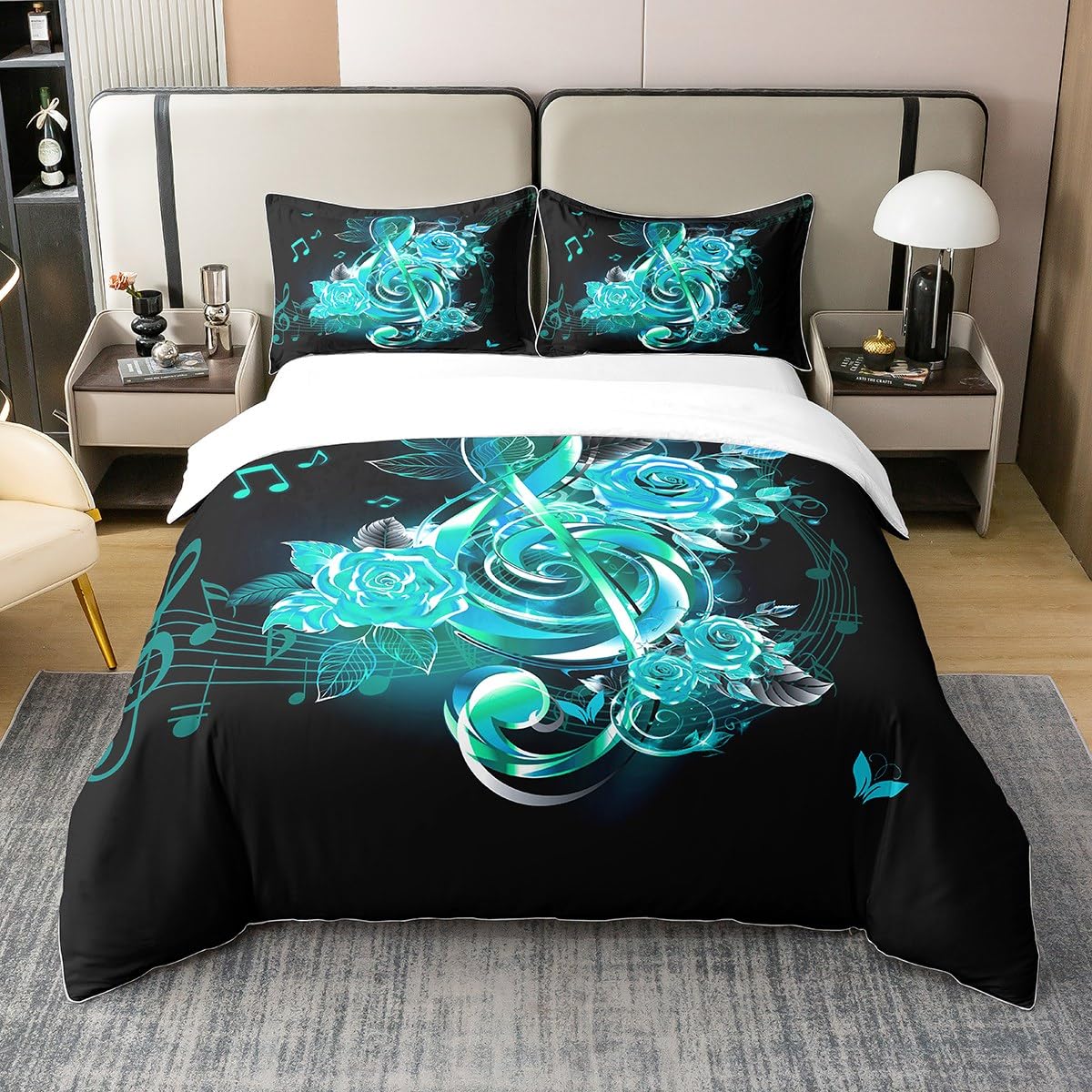 Feelyou Teal Music Note Bedding Set Twin Size Couple Rose Floral Comforter Cover Set for Girls Women Lover Valentine's Day 100% Cotton Duvet Cover Romantic Musical Bedspread Cover