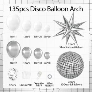 135pcs Disco Balloon Arch Garland Kit, White Silver Balloons with Disco Ball Balloons Silver Foil Balloons for Birthday Decorations Graduation Prom Decorations 2024 Disco Party Decorations