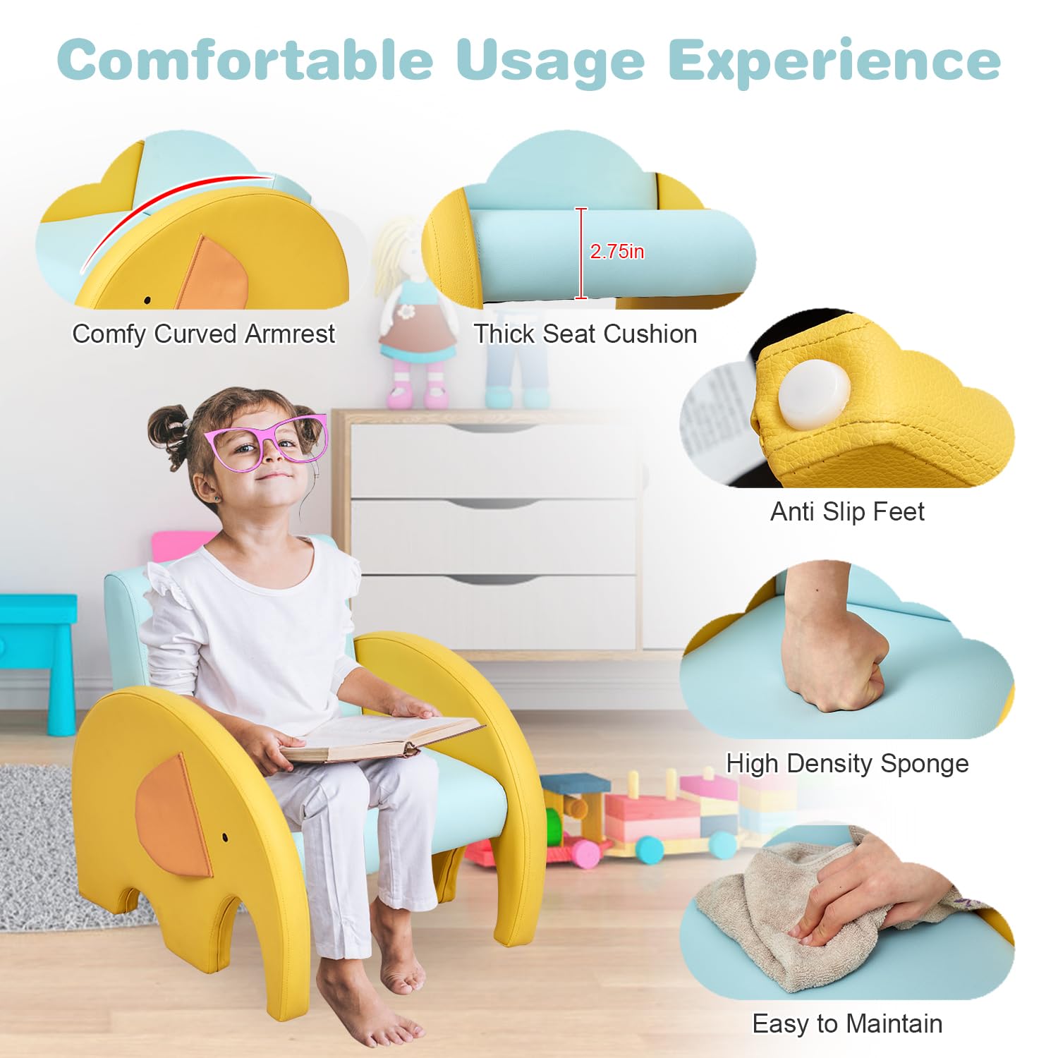 Kinsuite Elephant Toddler Armchair - Kids Single Couch Kids Accent Chair with Cute Design for Play Room Nursery Reading Resting Birthday Gift for 3-5 Years Old Boys & Girls, Blue & Yellow