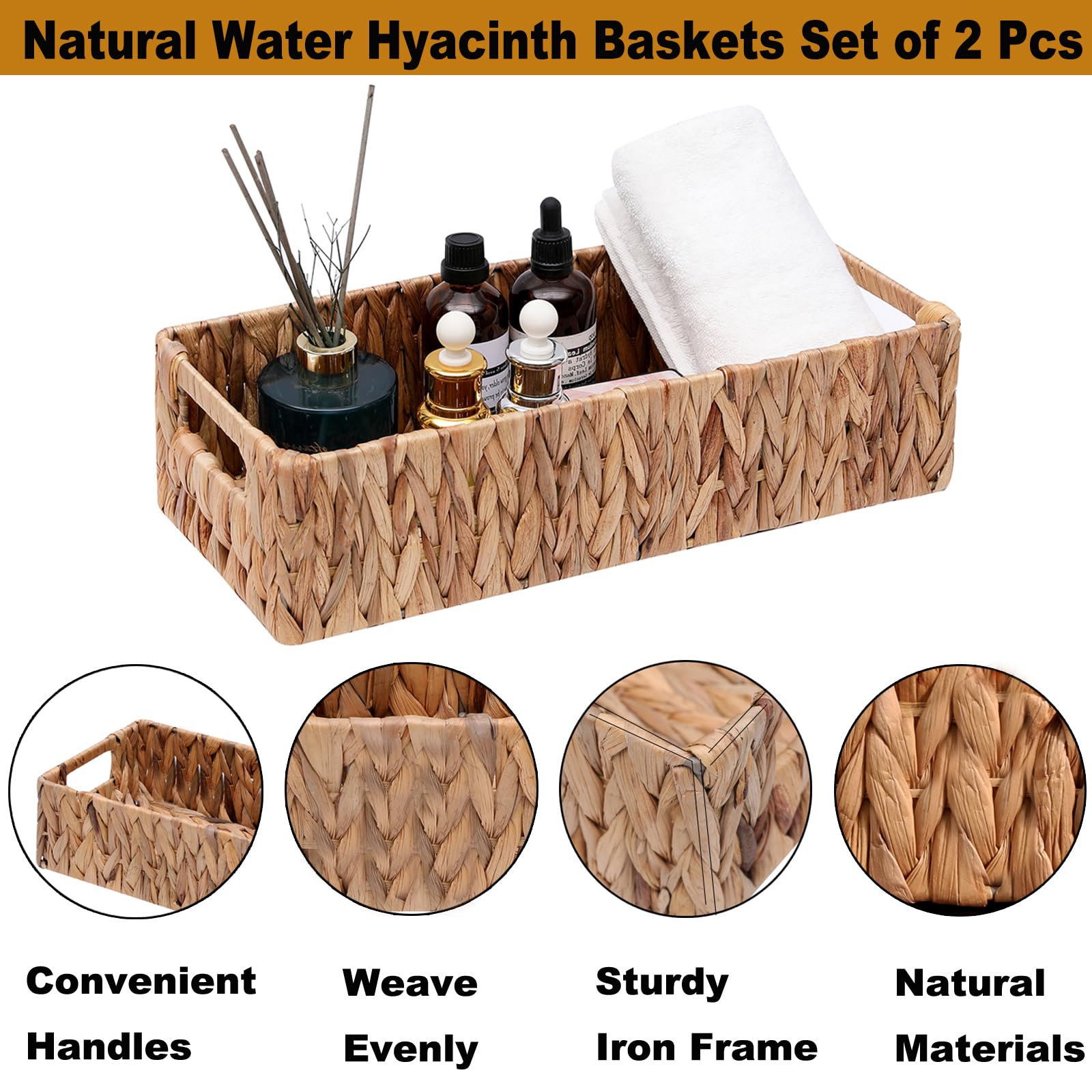 Wicker Storage Basket Water Hyacinth Baskets Pantry Storage Baskets,Wicker Open Storage Bins for Shelves,Handwoven Baskets for Bathroom,Decorative Basket with Handles,Set of 2 Pcs