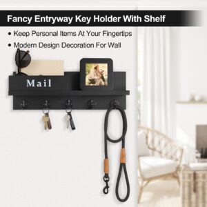 Lucundm Key & Mail Holder for Wall, Decorative Key Holder with Letter Holder for Mails, Magazines, 5 Sturdy Hooks for Dog Leash, Coat, Mail Organizer Shelf (15.7”W x 5.3”H x 3.5”D)