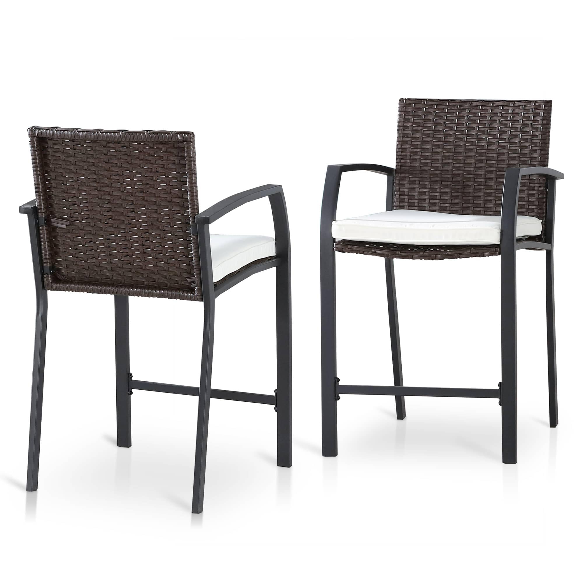 PatioFestival Counter Height Patio Bar Stools Set of 2 Wicker Outdoor Chairs Sets with Cushion Metal Arm Leg Footrests All Weather Frame (Brown)