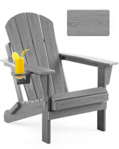 serique folding adirondack chair wood texture, patio chair weather resistant, outdoor chair, lawn chair with cup holder, fire pit chair for deck, outdoor, porch, backyard, garden (grey)