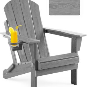 Serique Folding Adirondack Chair Wood Texture, Patio Chair Weather Resistant, Outdoor Chair, Lawn Chair with Cup Holder, Fire Pit Chair for Deck, Outdoor, Porch, Backyard, Garden (Grey)