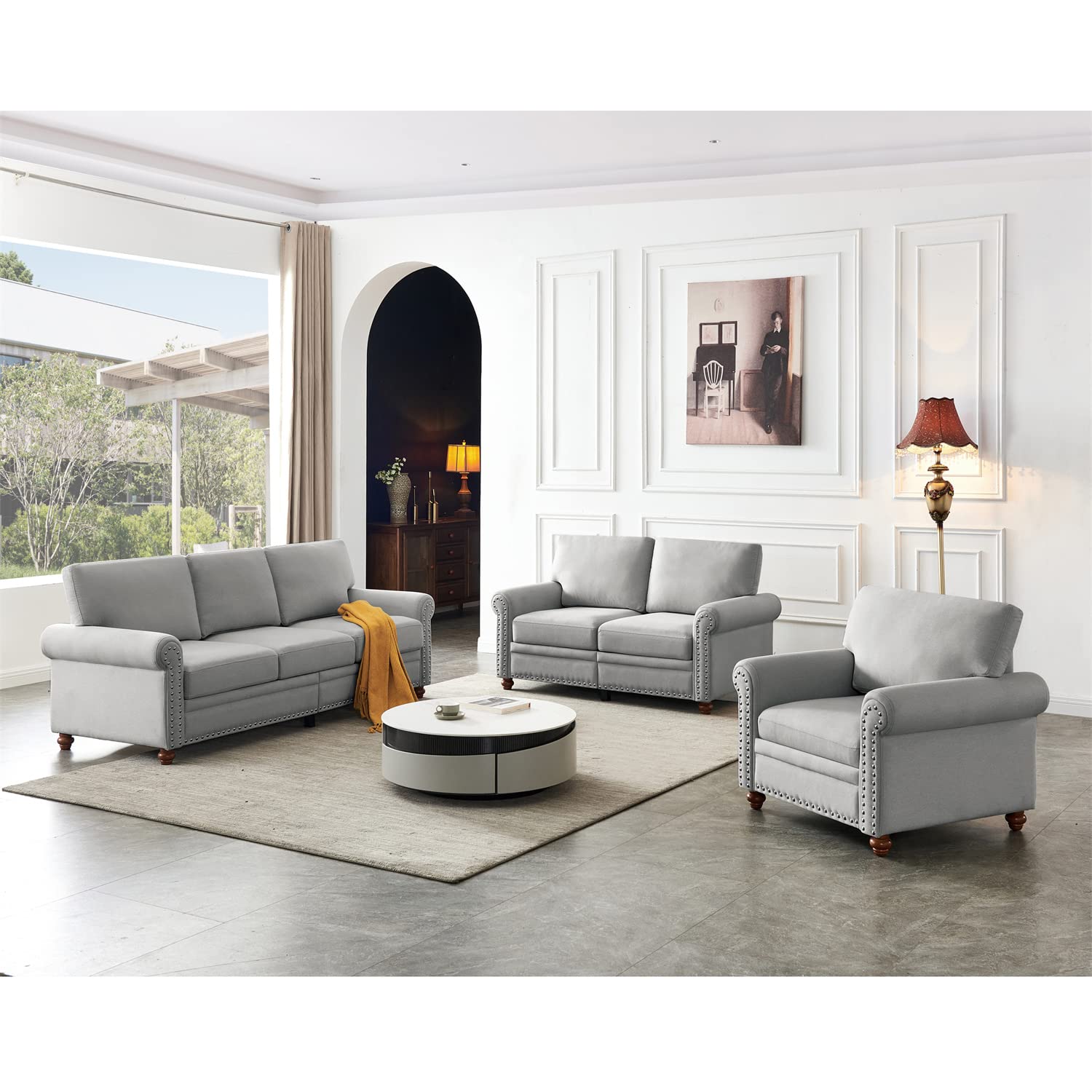 3-Piece Living Room Furniture Sets with Storage, Classic Living Room Sofa Set with Armrest Single Chair, Loveseat Sofa and 3-Seat Sofa, 1+2+3 seat with Silver Nails Decoration, Gray Fabric