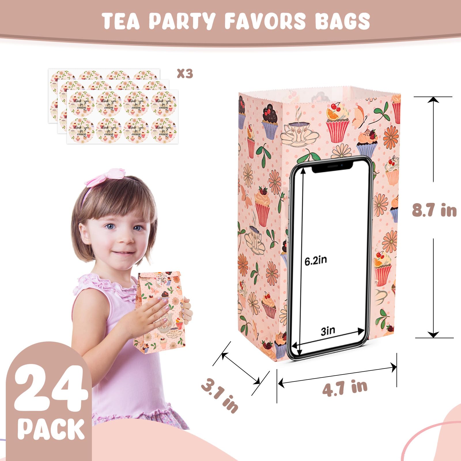 VGOODALL 24PCS Party Favors Bags, Paper Gift Bags with Stickers Goodie Bags Tea Party Bags for Kids Birthday Party 4.7" x 3.1" x 8.7"