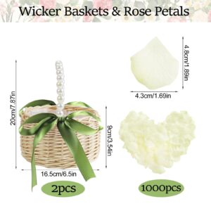 2 PCS Wicker Rattan Flower Girl Basket with 1000 PCS Artificial Silk Rose Petals Wedding Flower Girl Basket with Pearl Handle and Bow Fairy Flower Basket for Weddings Bridal Anniversary Party Decor