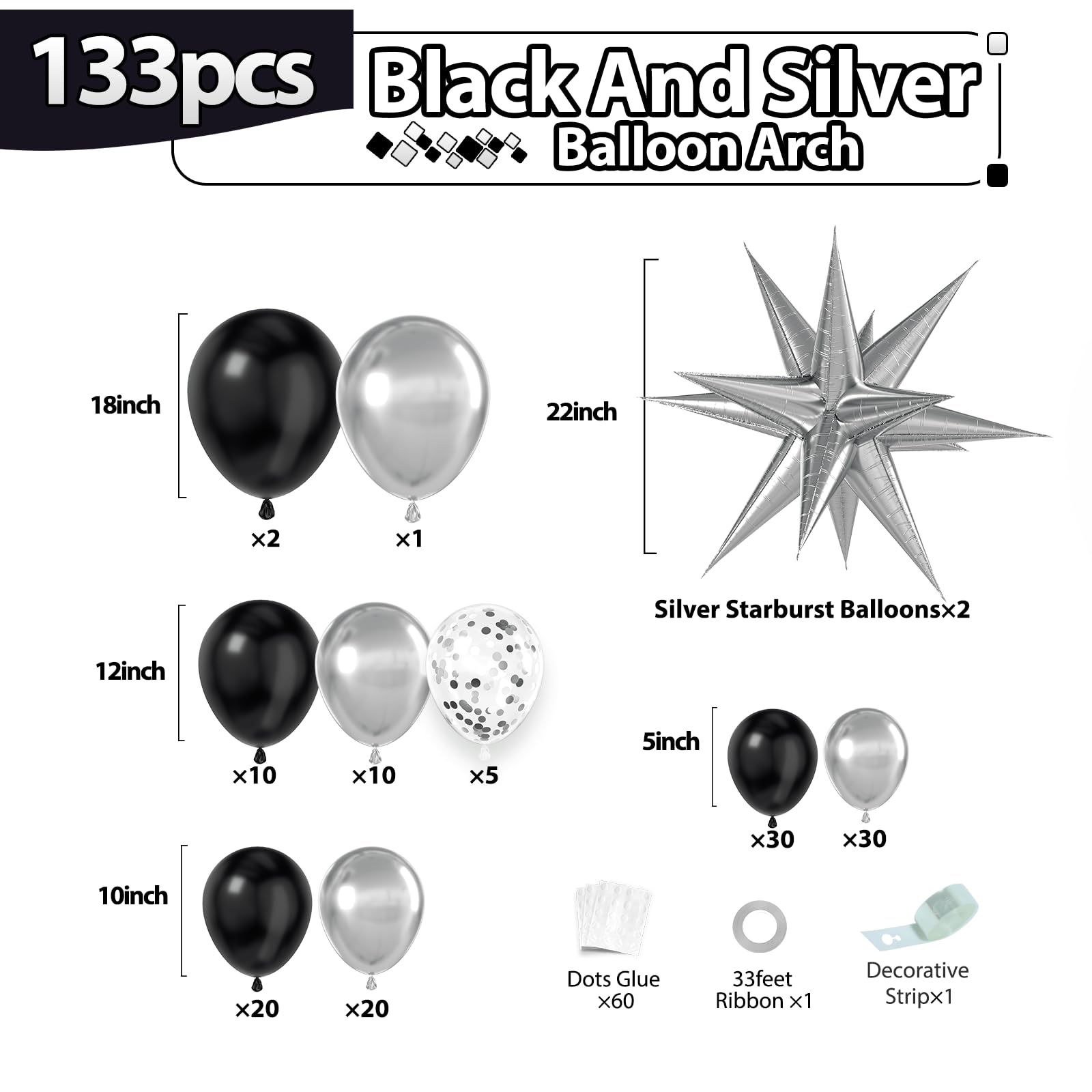 Black and Silver Balloons Garland Arch Kit with Metallic Sliver and Black Balloons for Birthday Wedding Graduation Bridal Shower Anniversary Graduation Party Decorations