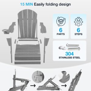 Serique Folding Adirondack Chair Wood Texture, Patio Chair Weather Resistant, Outdoor Chair, Lawn Chair with Cup Holder, Fire Pit Chair for Deck, Outdoor, Porch, Backyard, Garden (Grey)