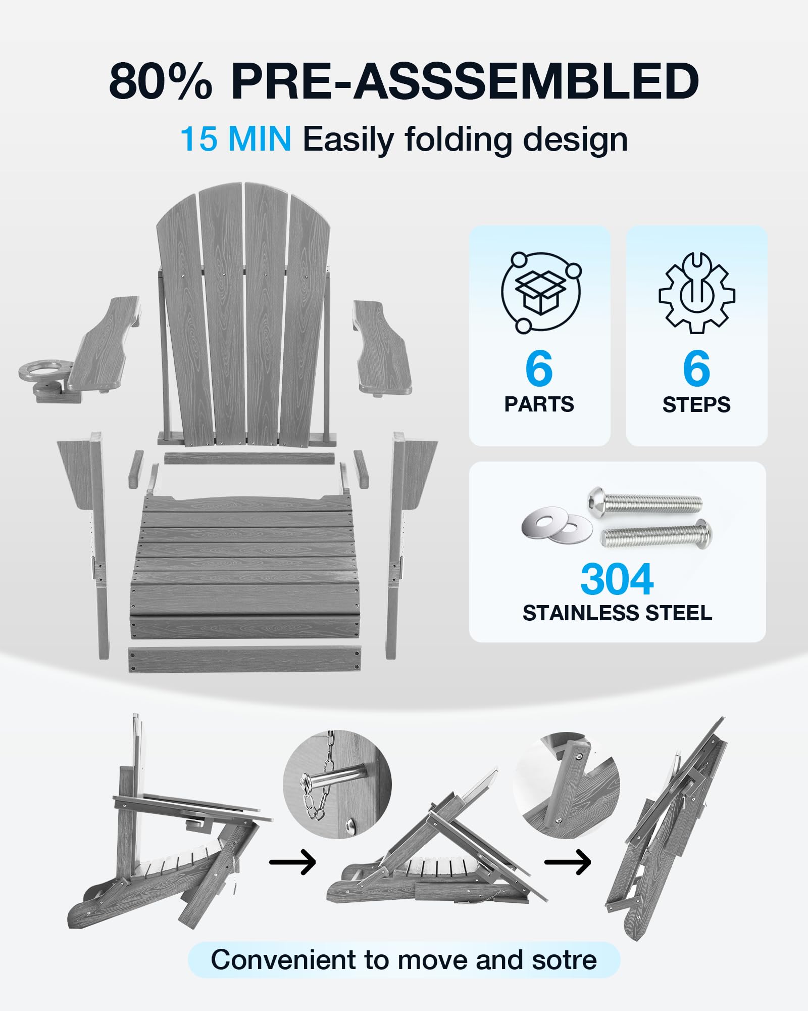 Serique Folding Adirondack Chair Wood Texture, Patio Chair Weather Resistant, Outdoor Chair, Lawn Chair with Cup Holder, Fire Pit Chair for Deck, Outdoor, Porch, Backyard, Garden (Grey)