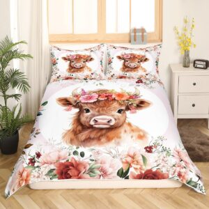 Feelyou Cute Highland Cow Bedding Set Queen Size Kids Cartoon Animal Comforter Cover Set for Boys Girls Teens Flower Floral Print Duvet Cover Farm Zoo Garden Theme Bedspread Cover (No Comforter)