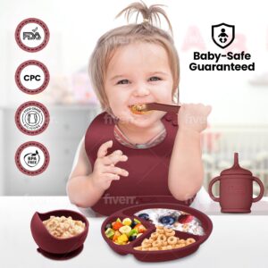 Silicone Baby Feeding Set - BPA-Free - Baby Led Weaning Supplies, Complete Kit toddler eating essentials – Empower Your Little One's Independence with LimOr's baby essentials 6-12 months (Red-Wine)