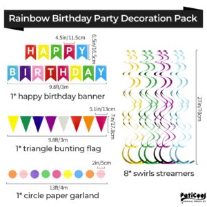 PatiCool Happy Birthday Party Decorations Pack with Rainbow Happy Birthday Banner, Honeycomb Balls, Circle Dot Garland, Paper Bunting Banner, Paper Fans and Hanging Swirls Streamers