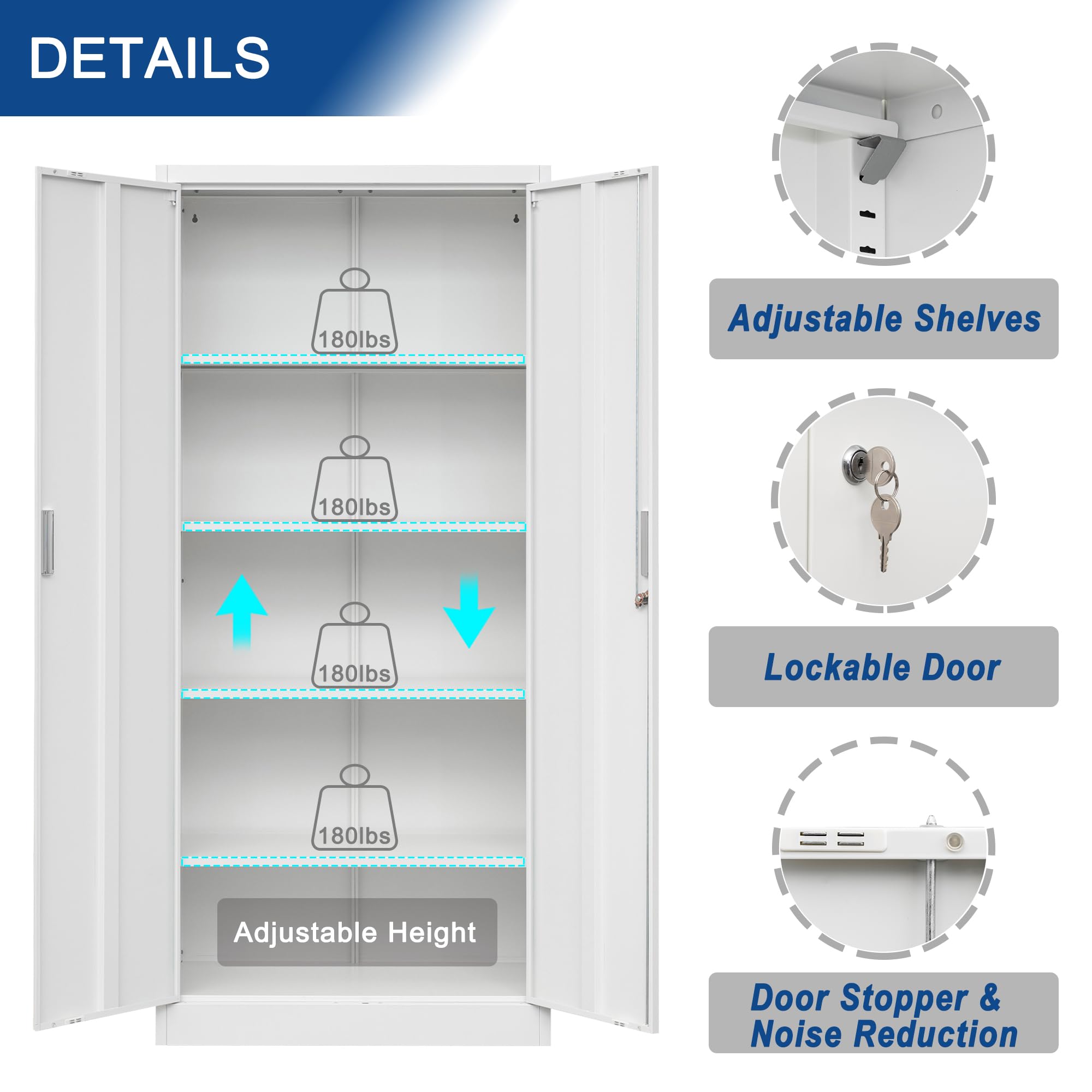 iDEKAI Metal Storage Cabinet with Lock, 71" Garage Storage Cabinets with 2 Lockable Doors and 4 Adjustable Shelves,Tall File Cabinet, Tool Cabinet for Office,Home,Garage,Gym,School (White)