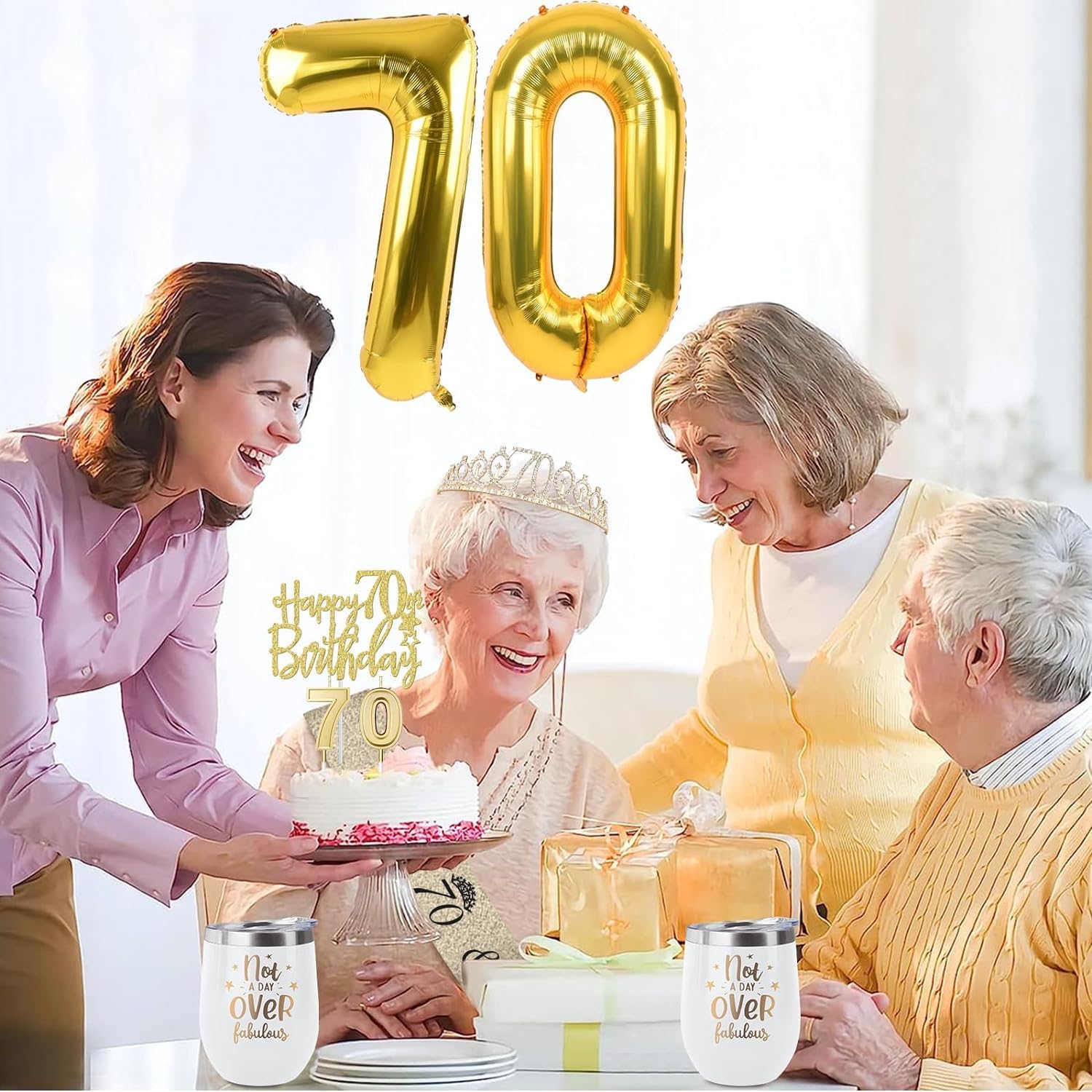 70th Birthday Decorations for Women Gold, Including 70th Birthday Sash and Tiara, 70th Birthday Cake Topper and Birthday 70 Candles, 70th Birthday Gifts for Women (Gold)