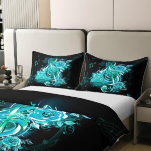 Feelyou Teal Music Note Bedding Set Twin Size Couple Rose Floral Comforter Cover Set for Girls Women Lover Valentine's Day 100% Cotton Duvet Cover Romantic Musical Bedspread Cover