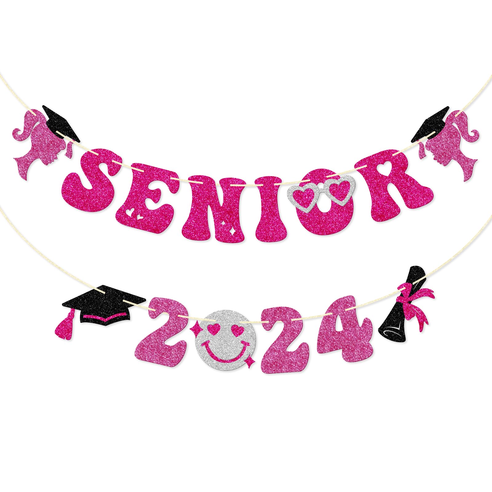 Senior 2024 Banner, Pre-strung Graduation Banner for Girls, 2024 Congrats Grad Party Decorations, Music High School College Graduation Bunting Sign, Pink Glitter