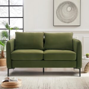 60 Inch Velvet Loveseat, Mid Century Modern Comfy Upholstered Sofa Couch with Metal Legs 2 Seater Sofa 6.3 Inch Extra Thick Cushion Couch for Living Room Small Spaces Apartment(Green)