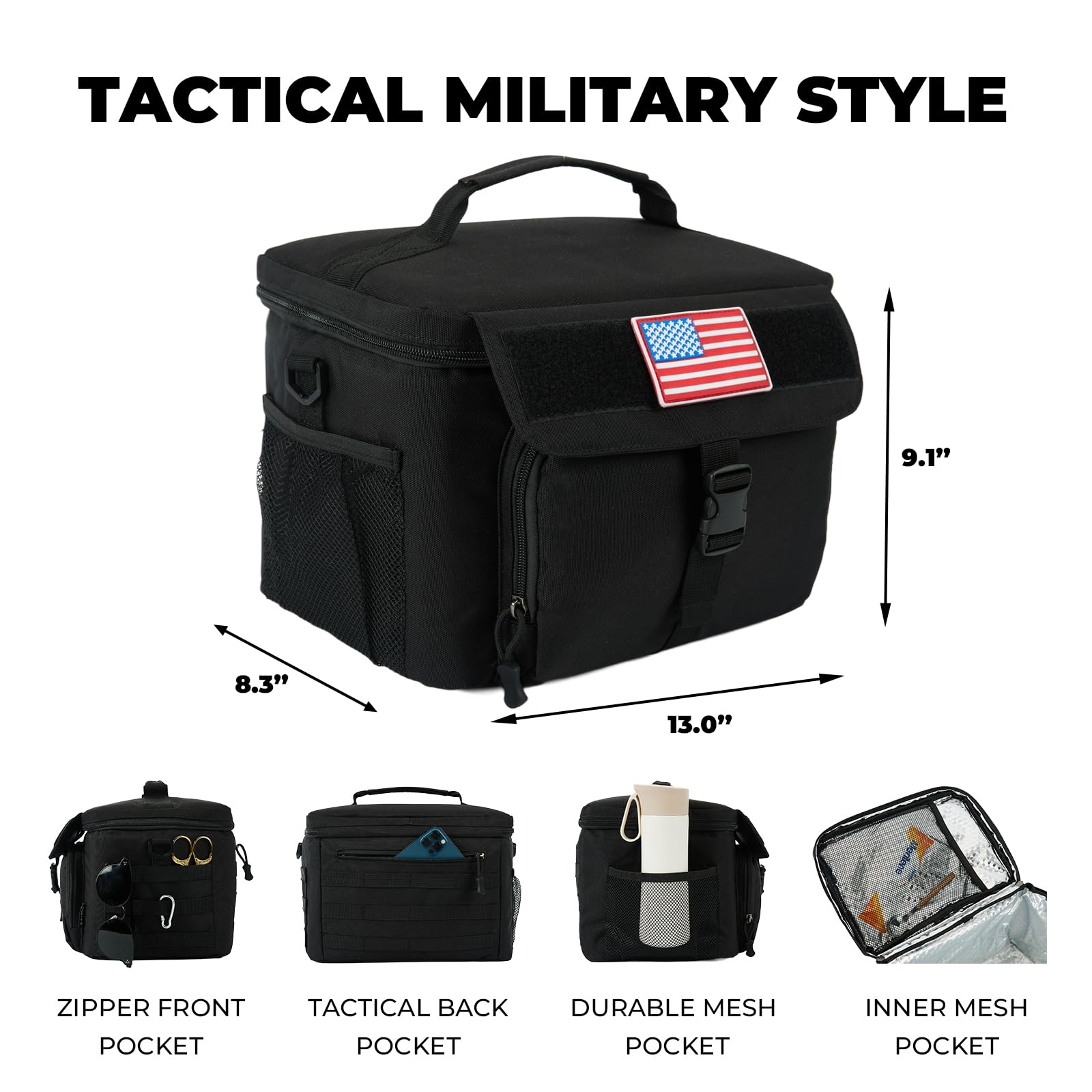 Ronyes Tactical Lunch Box for Men， Large Insulated Lunch Bag with Shoulder Strap,Heavy Duty Lunch Cooler MOLLE Webbing, Leakproof Lunch Pail for Work Camping Fishing-Black