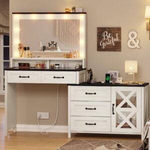 HAUOMS Farmhouse Vanity, 56.9” Western Makeup Desk with Mirror, Power Outlet, 11 Lights, Large Barn Dresser Vanity Table, Big Glass Top, 5 Drawers, Cabinet Storage, Antique White