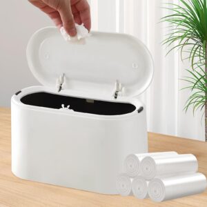 mini trash can with lid, desktop small trash can, removable small garbage can, pop up countertop wastebasket for bathroom,office,kitchen,desk,car, free 5 roll bags