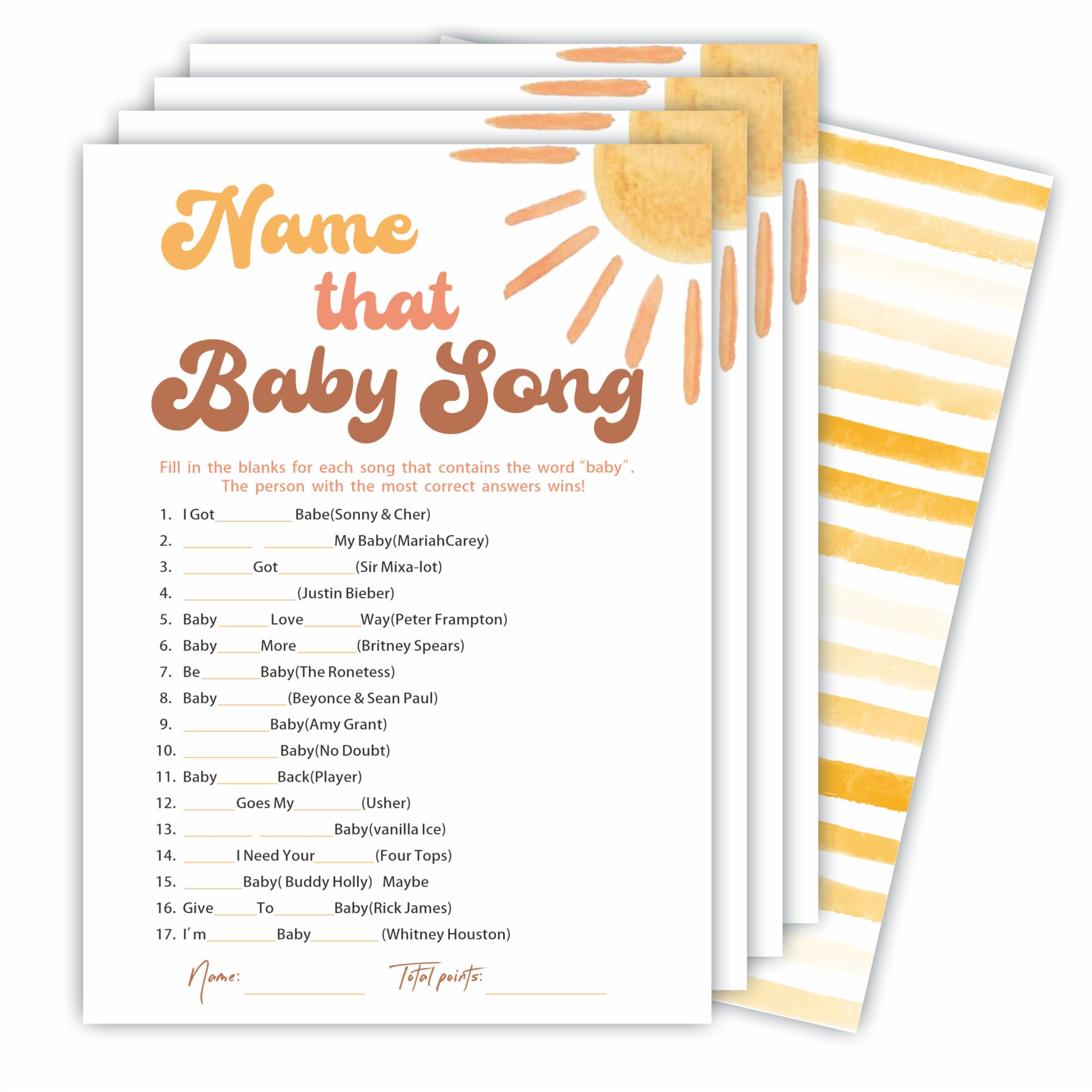 Name That Baby Song Game Kits For Baby Shower - 30 Double-Sided Fill In Watercolor Sunshine Style Game Cards 1 Answer Card For Gender Reveal, Baby Announcement, Party Favor & Supplies - C10