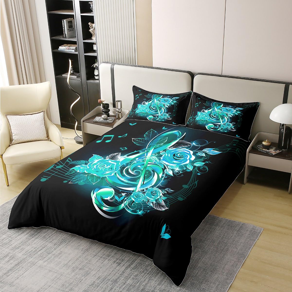 Feelyou Teal Music Note Bedding Set Twin Size Couple Rose Floral Comforter Cover Set for Girls Women Lover Valentine's Day 100% Cotton Duvet Cover Romantic Musical Bedspread Cover