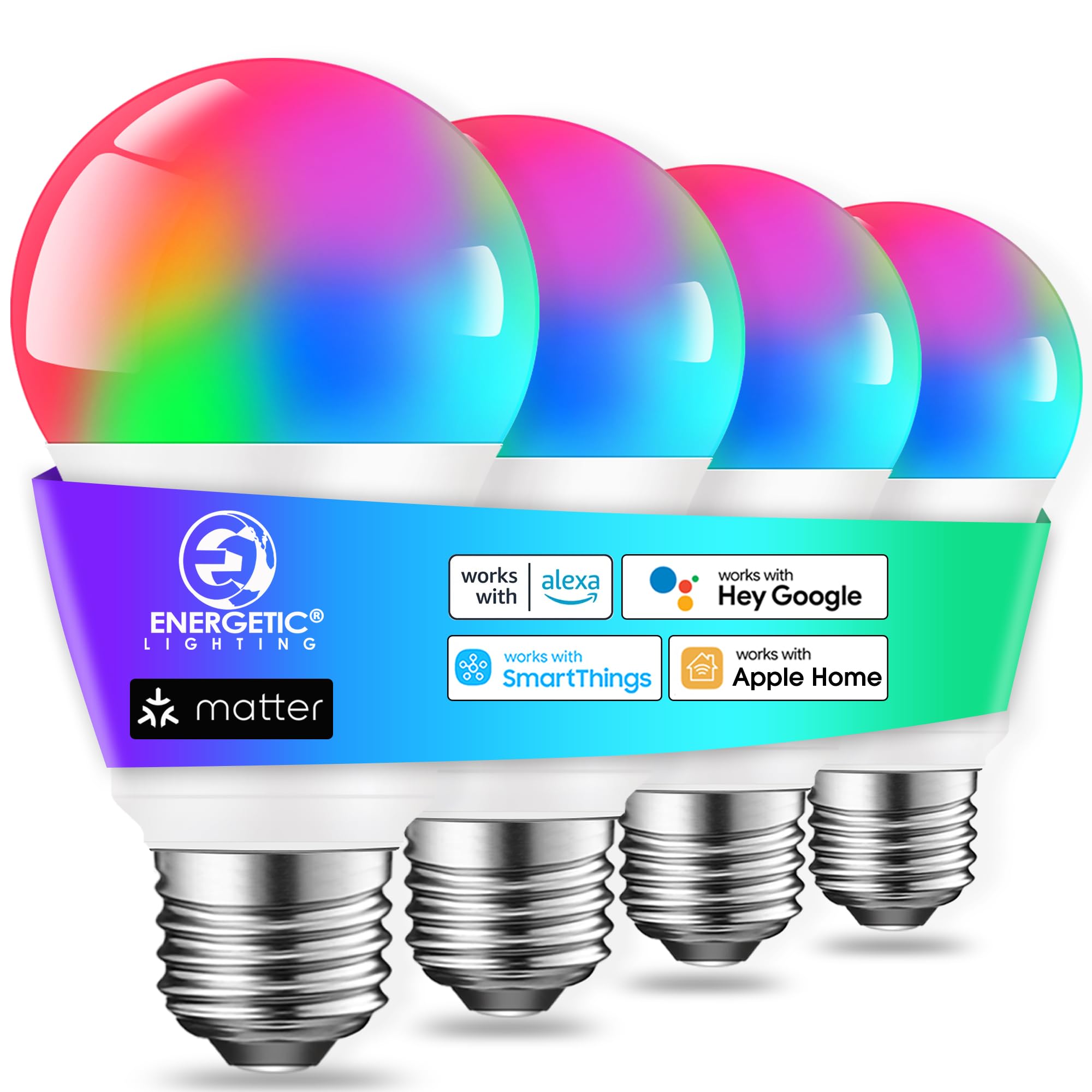 Energetic Light Bulbs Work with Alexa/Apple Home/Google Home/SmartThings, Matter Smart A19 LED Light Bulb, E26 RGB Smart Bulbs, 60W Equivalent, 800LM, 2.4 Ghz WiFi Only, Smart Speaker Required, 4 Pack