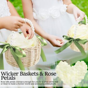 2 PCS Wicker Rattan Flower Girl Basket with 1000 PCS Artificial Silk Rose Petals Wedding Flower Girl Basket with Pearl Handle and Bow Fairy Flower Basket for Weddings Bridal Anniversary Party Decor