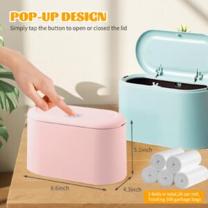 Mini Trash Can with Lid, Desktop Small Trash Can, Removable Small Garbage Can, Pop Up Countertop Wastebasket for Bathroom,Office,Kitchen,Desk,Car, Free 5 roll Bags