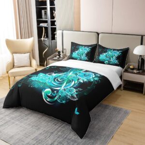 Feelyou Teal Music Note Bedding Set Twin Size Couple Rose Floral Comforter Cover Set for Girls Women Lover Valentine's Day 100% Cotton Duvet Cover Romantic Musical Bedspread Cover