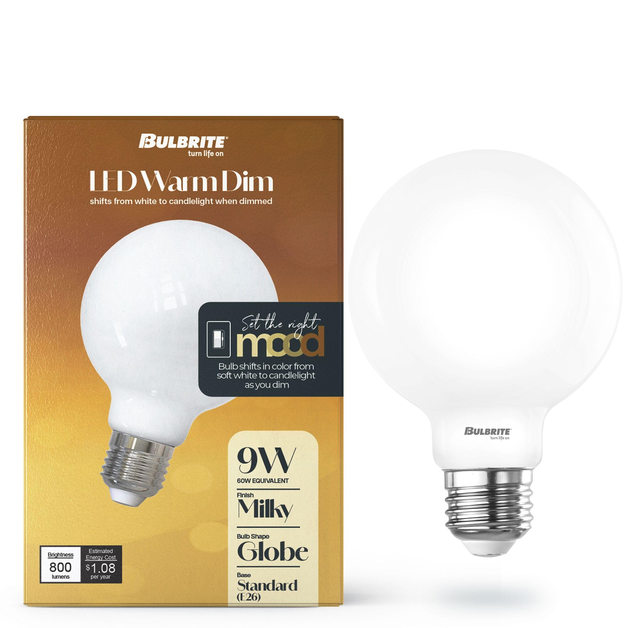 9 Watt LED G25 Light Bulbs, Warm Dimming 3000K (Soft White) - 1800K (Candlelight), 800 Lumens