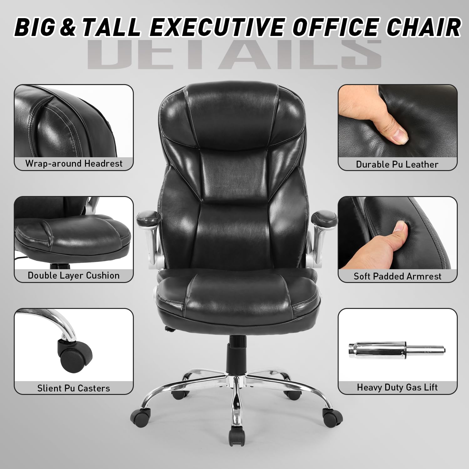 PayLessHere Big and Tall Office Chair 400lbs Executive Leather Office Chair Adjustable Swivel and Armrest Computer Desk PU Leather Chair for Home Office