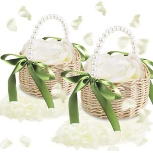 2 pcs wicker rattan flower girl basket with 1000 pcs artificial silk rose petals wedding flower girl basket with pearl handle and bow fairy flower basket for weddings bridal anniversary party decor