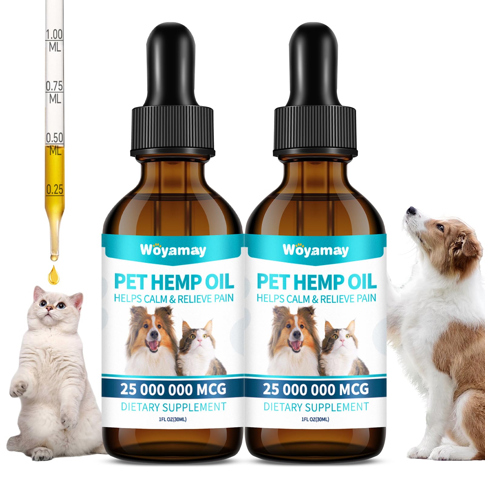 Woyamay Hemp Oil for Dogs and Cats - Pets Anxiety Relief, Calming Treat for Pain, Slееp, Strеss, Hiр and Jоint, Аrthritis, Skin and Coat Health Support (2 Pack)