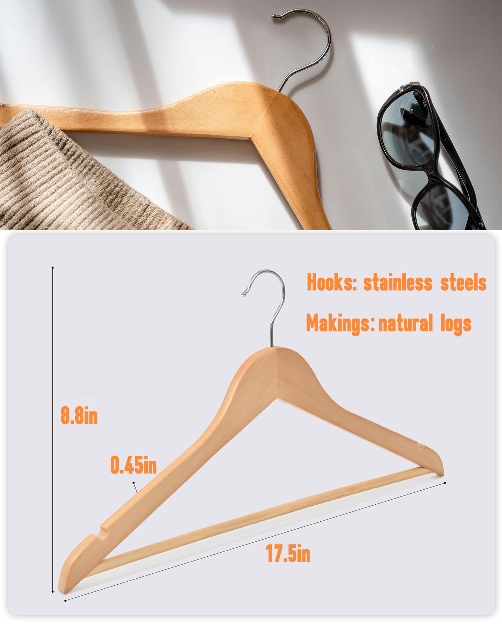 BGRQRIQ Wooden Hangers 20 Pack - Heavy Duty Shirt Hangers and Suit Hangers for Men - Perfect for Hanging Shirts, Suits, and Coats