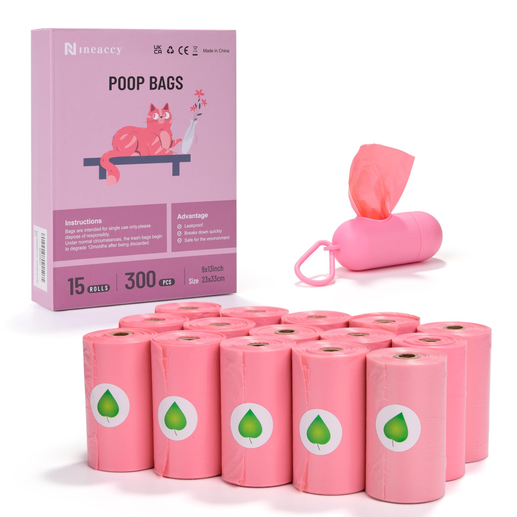 WDFAACK Biodegradable Pink Dog Poo Bags Lavender scent with Dispenser - 300 Large Poop Bags, Extra Thicken Strong Corn Starch Blended Compostable Leak Proof Poop Waste Bag for Dogs