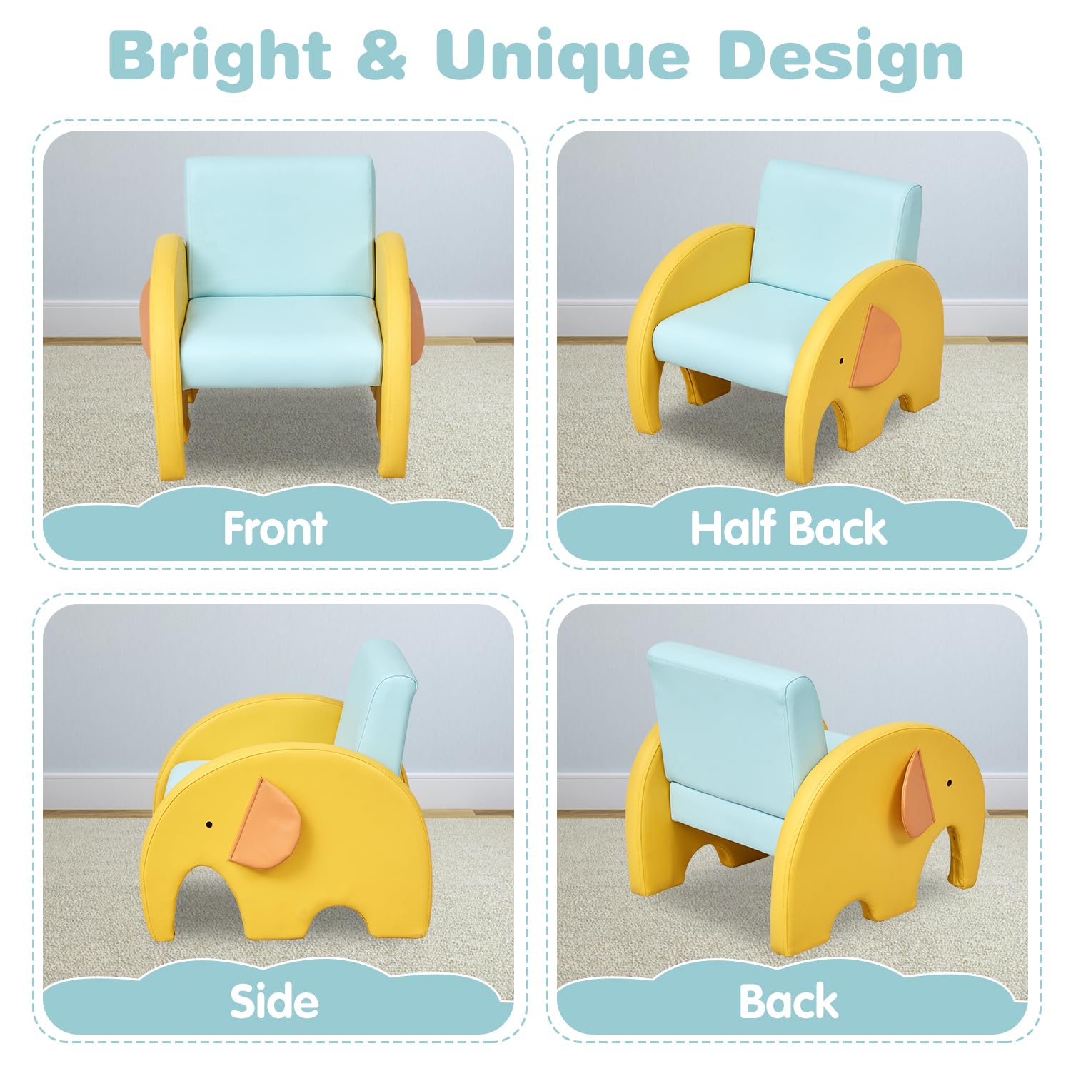 Kinsuite Elephant Toddler Armchair - Kids Single Couch Kids Accent Chair with Cute Design for Play Room Nursery Reading Resting Birthday Gift for 3-5 Years Old Boys & Girls, Blue & Yellow