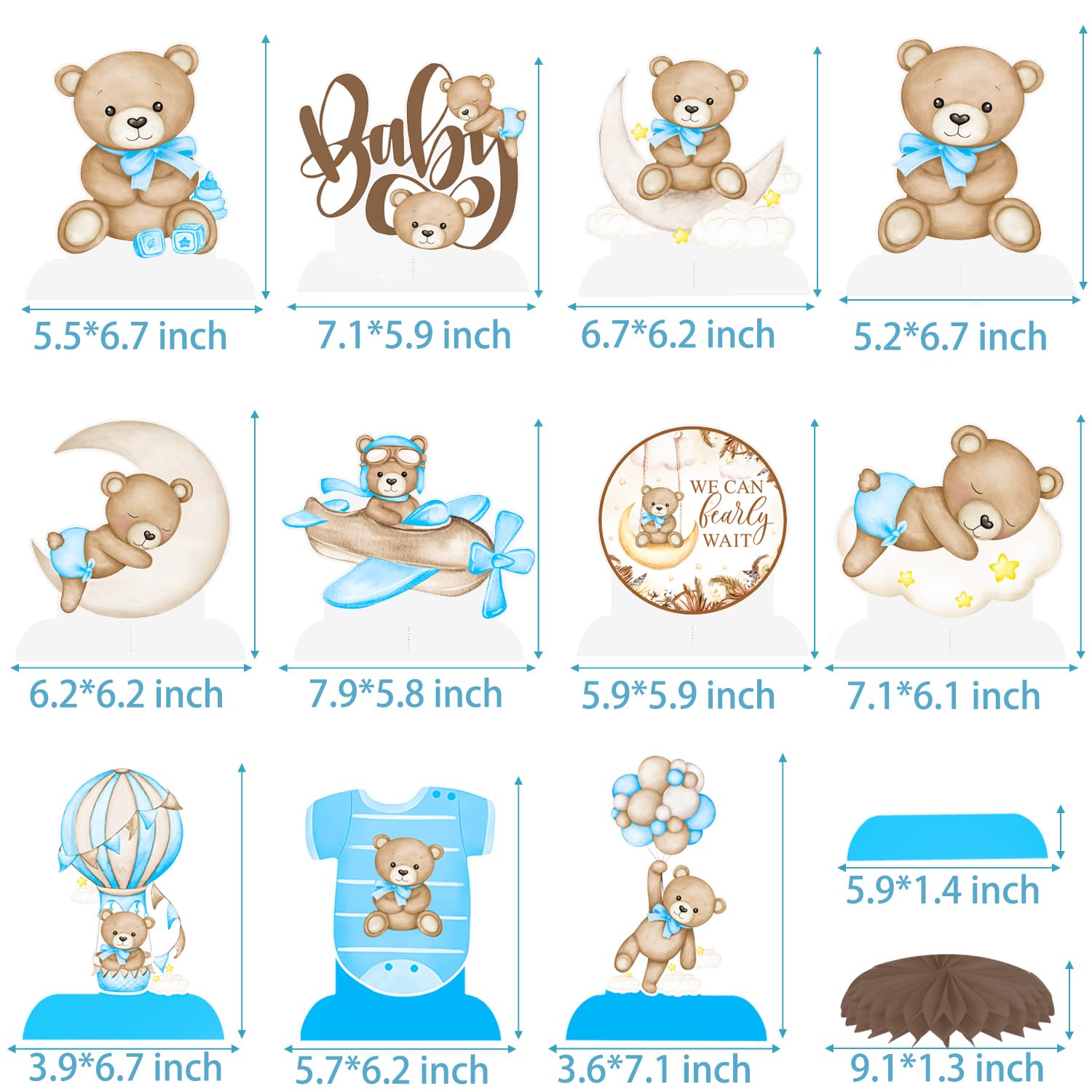 We Can Bearly Wait Honeycomb Centerpieces Bear Centerpieces for Table Teddy Bear Baby Shower Party Decorations 11Pcs Blue Bear Table Decorations for Baby Boys Bear Gender Reveal Party Supplies