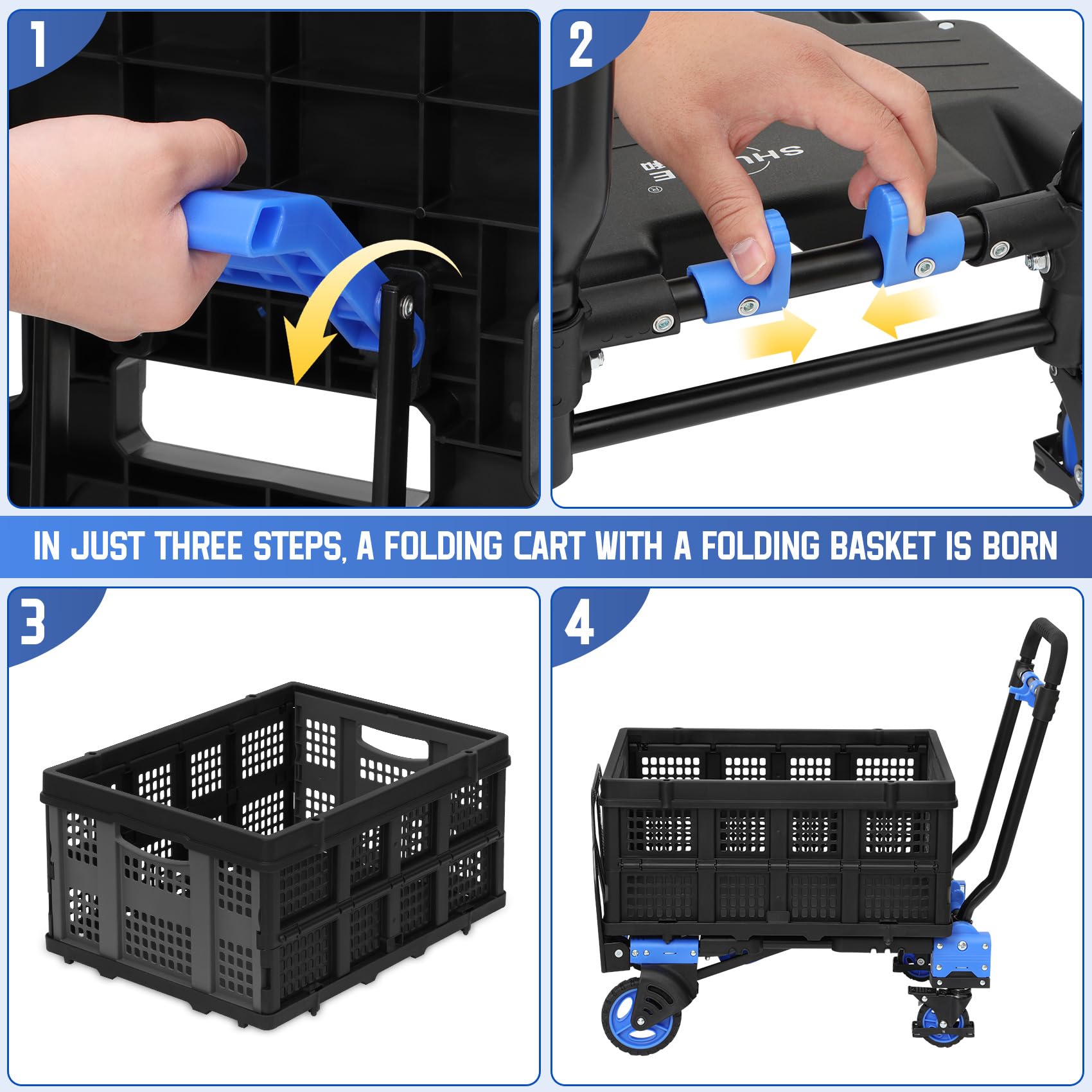 Hand Truck Foldable with Retractable Handle, 2 in 1 Hand Truck Dolly Foldable with Basket, 330LBS Capacity Folding Hand Cart,2 Bungee Cords and 2 Cotton Cord Gloves in Any Style.